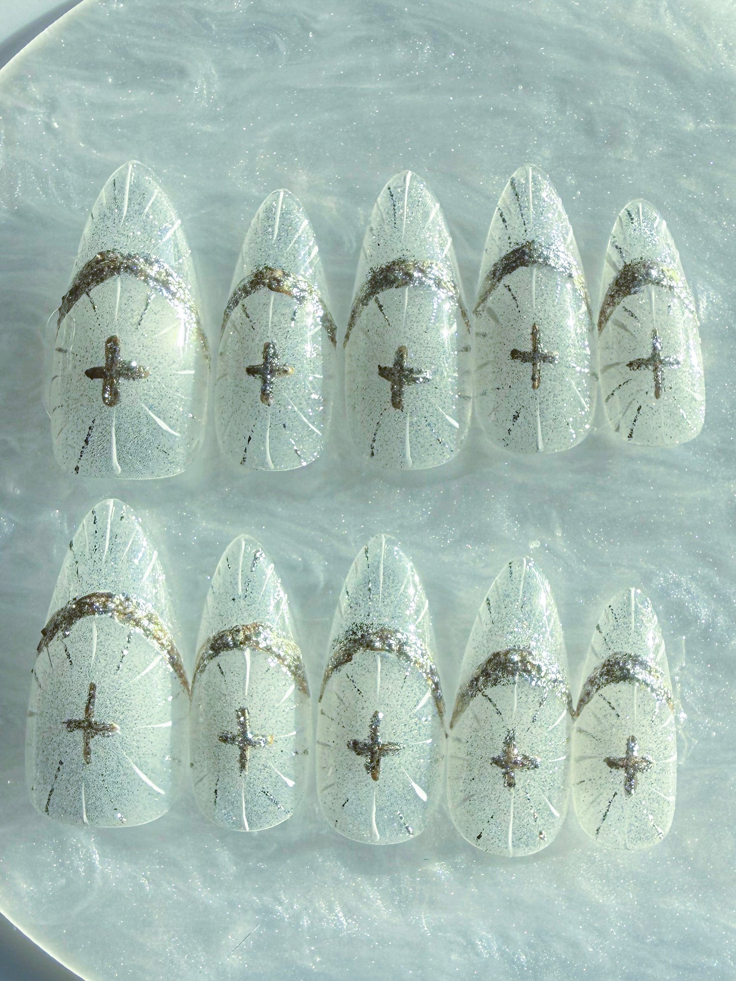 Almond Crystal Press-On Nails – Lunar Cross