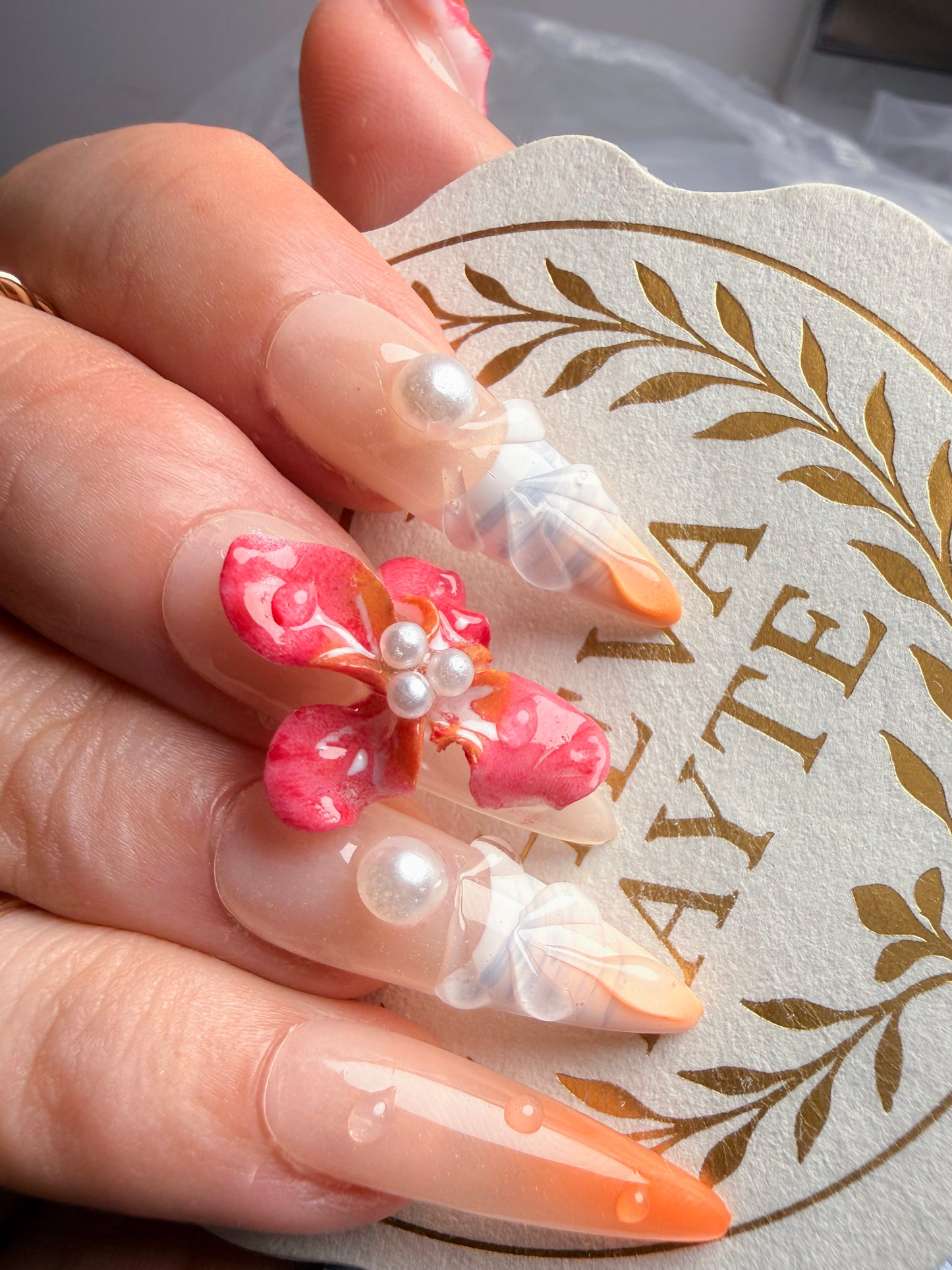 Long Almond Floral Press-On Nails – Coral Bloom