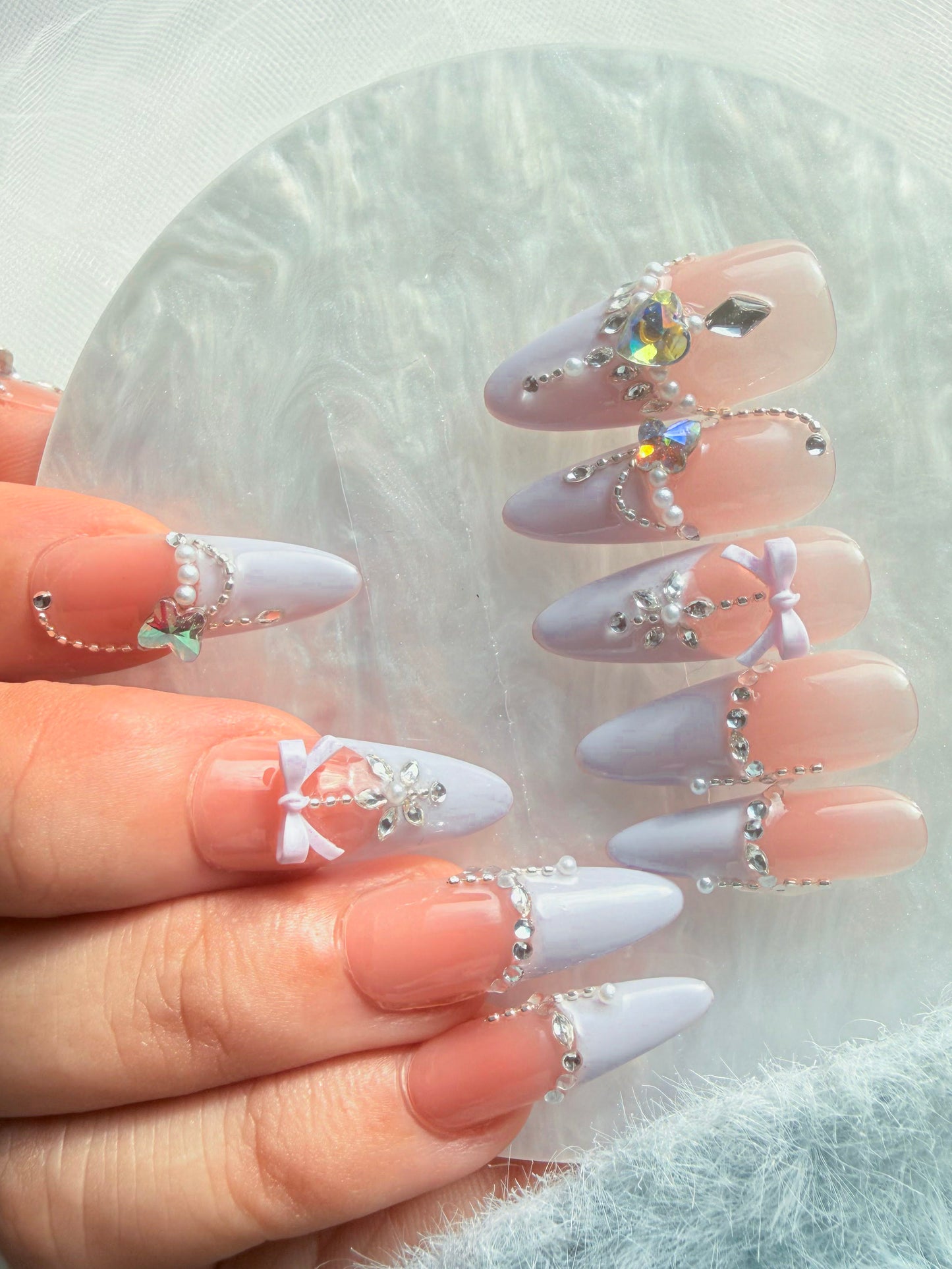 Almond Crystal Press-On Nails – Blush Veil