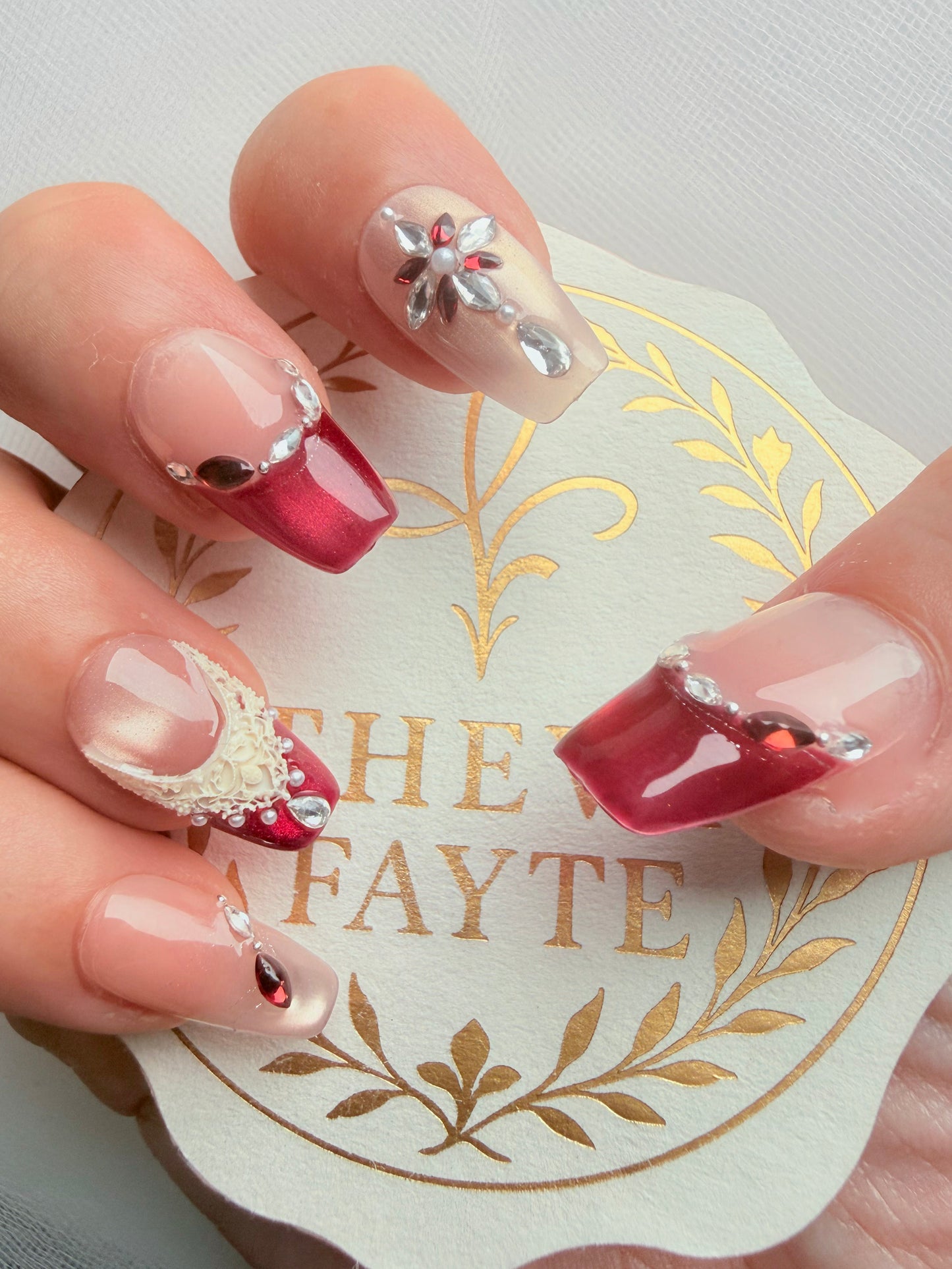 Square Red French Press-On Nails – Crimson Lace