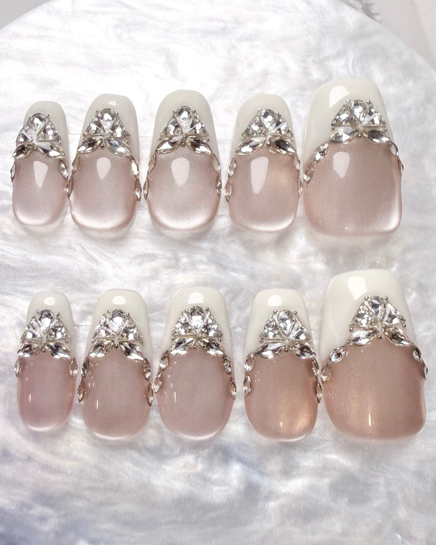 Handmade Milky White Cat Eye Press-On Nails | Luxury Diamond Jewel French Tip Reusable Fake Nails