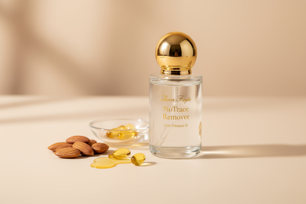 Theva Fayte NoTrace Remover with Vitamin E, elegant transparent bottle with gold cap, displayed beside almond and Vitamin E elements, soft light beige background, luxury skincare-style beauty photography, minimalist and refined.