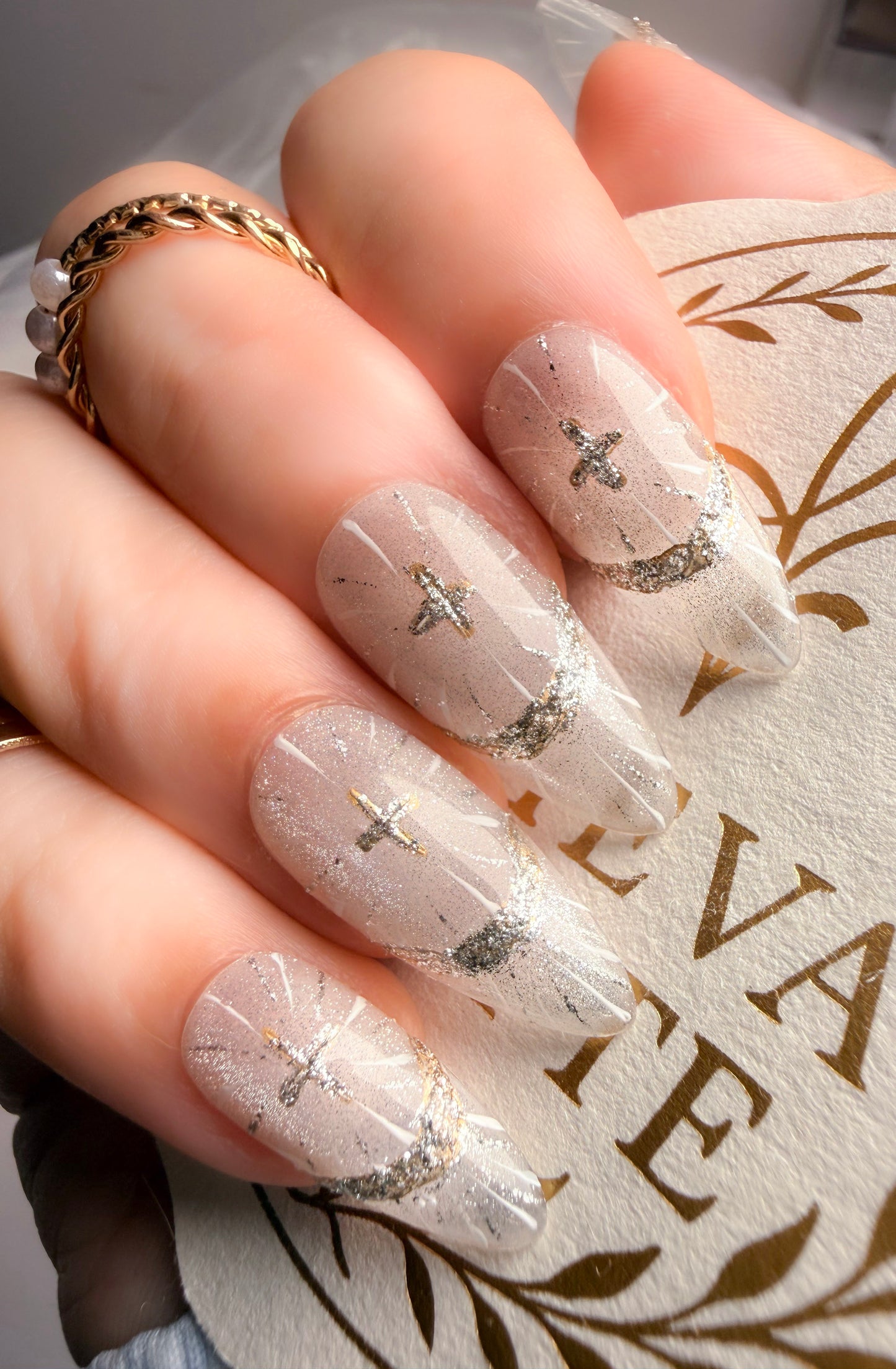 Almond Crystal Press-On Nails – Lunar Cross