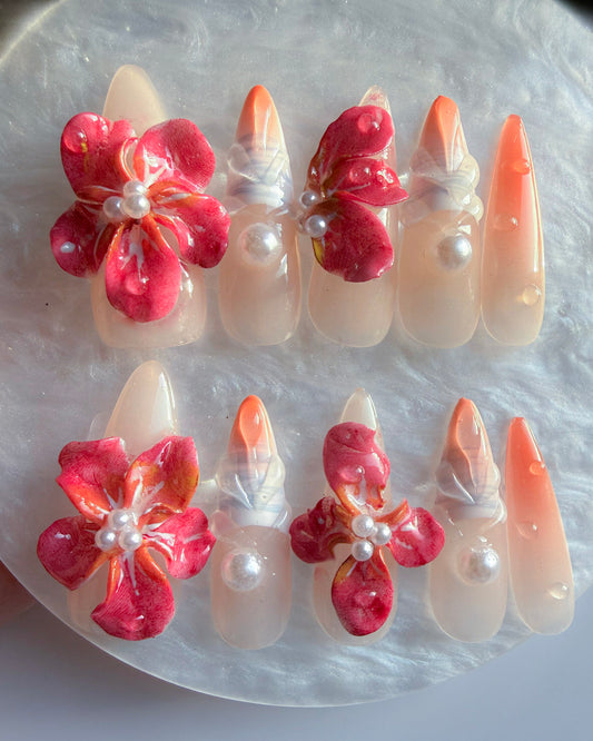 Long Almond Floral Press-On Nails – Coral Bloom