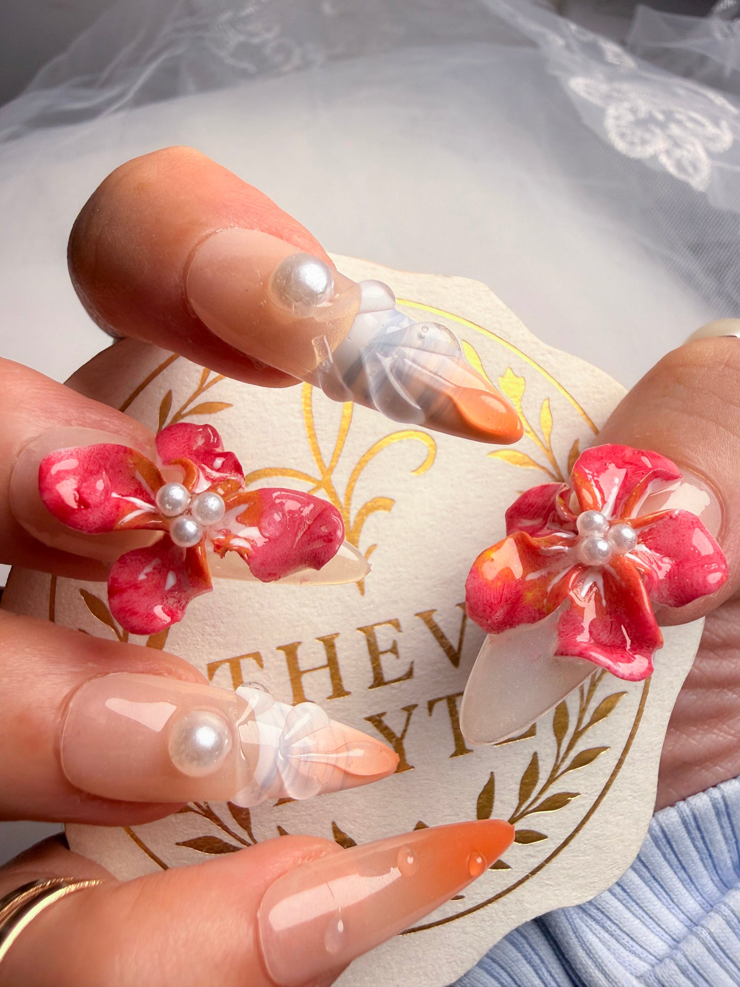 Long Almond Floral Press-On Nails – Coral Bloom