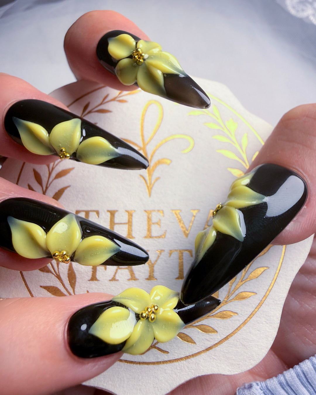 Long Almond Diamond Floral Press-On Nails – Crystal Veil