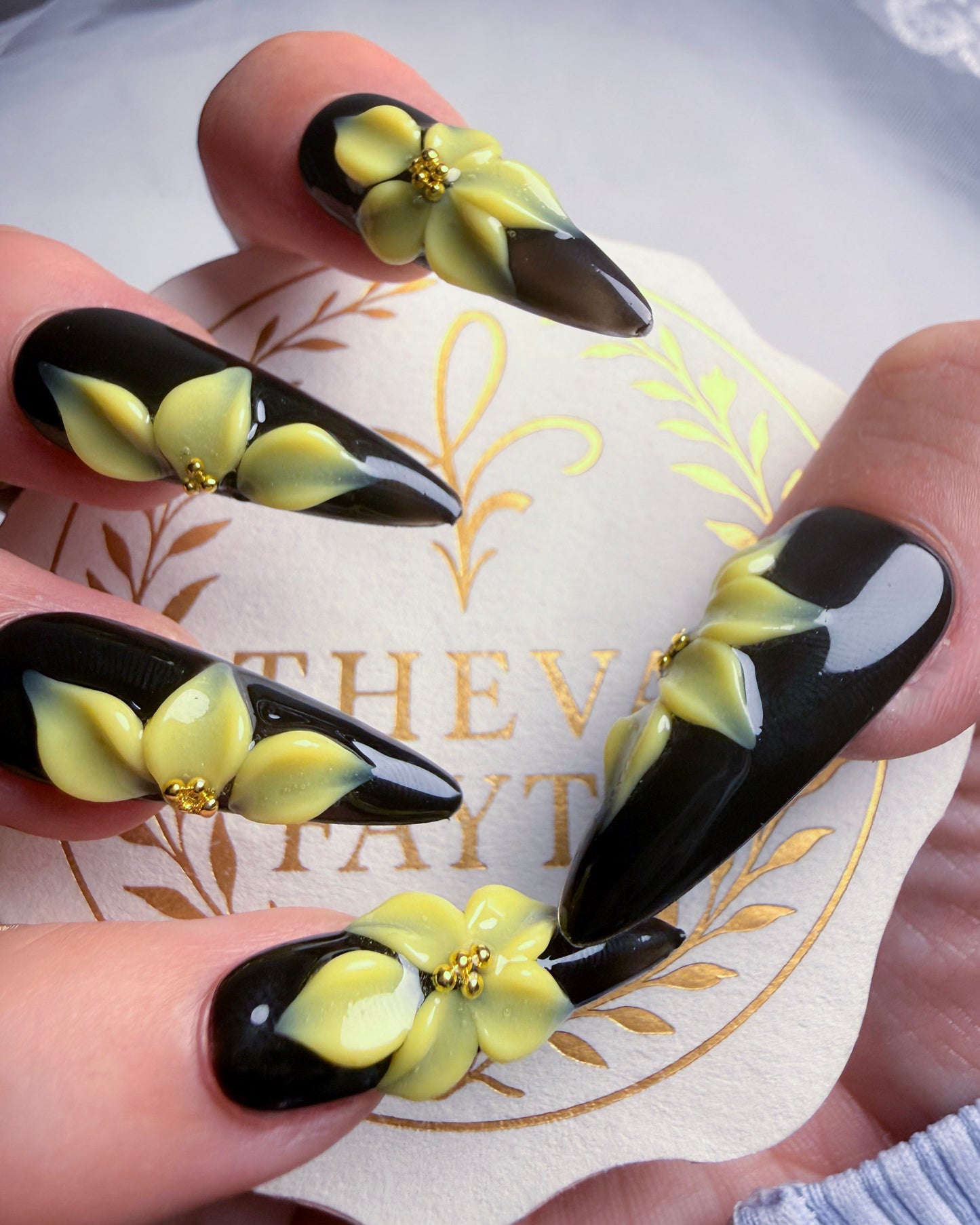 Long Almond Diamond Floral Press-On Nails – Crystal Veil