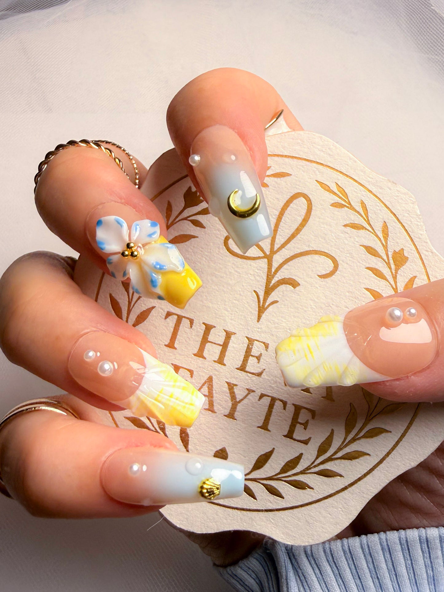 Long Square Floral Pearl Press-On Nails – Lemon Daydream