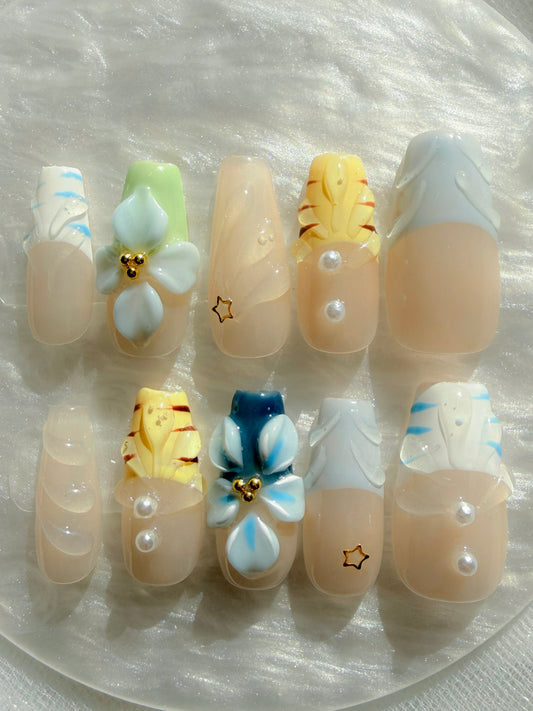 Almond Floral Press-On Nails – Pastel Garden