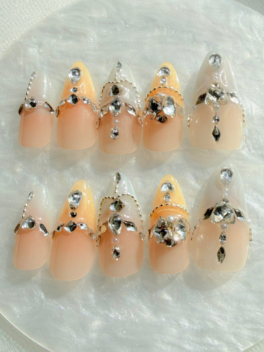 Long Almond Crystal Press-On Nails – Gilded Aura
