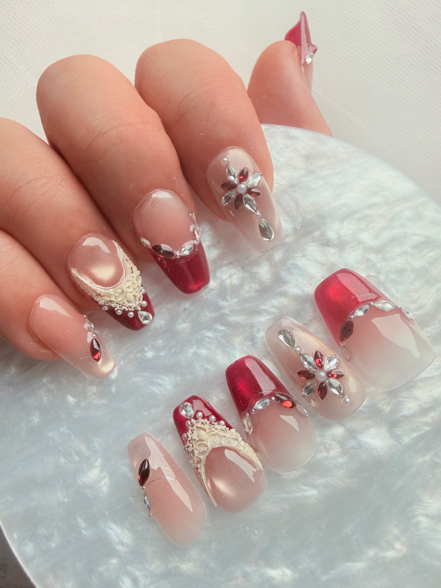 Square Red French Press-On Nails – Crimson Lace