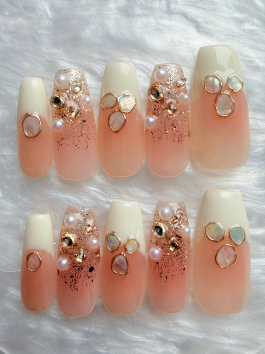 Long Square Pearl French Press-On Nails – Opaline Cream