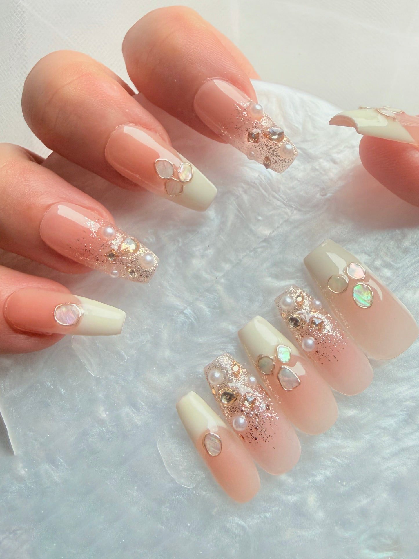 Long Square Pearl French Press-On Nails – Opaline Cream