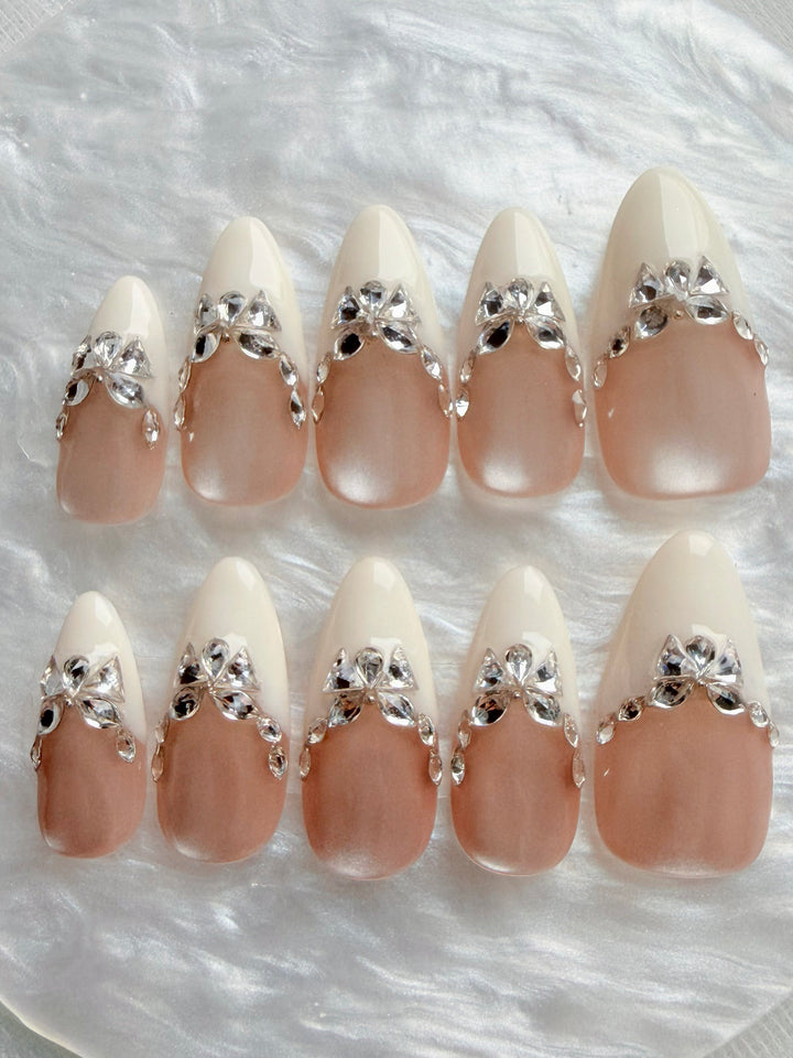 Medium Almond Diamond Press-On Nails – Ivory Radiance