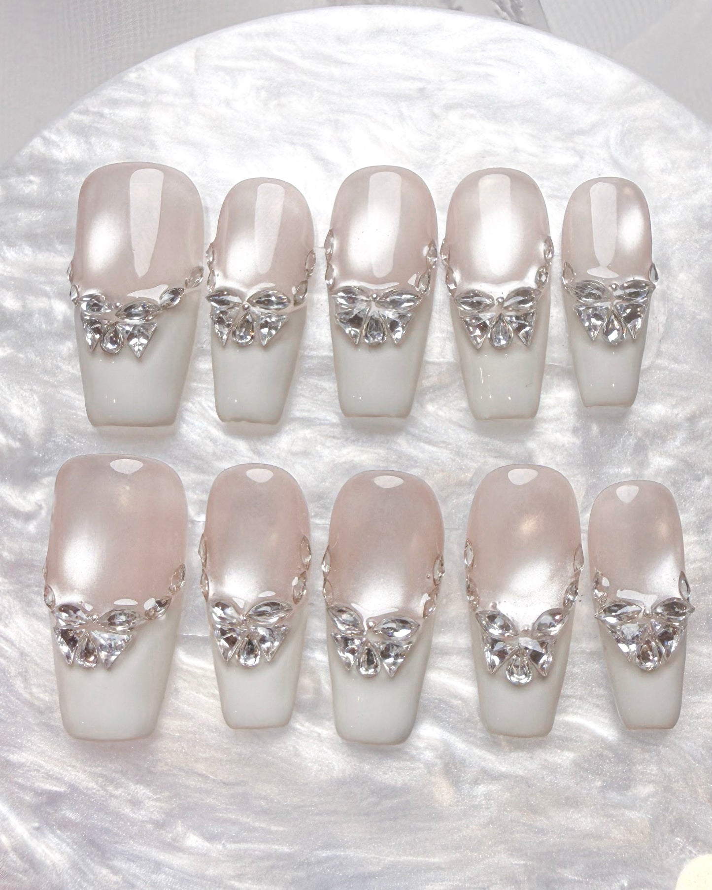Medium Coffin Handmade Milky White Cat Eye Press-On Nails | Luxury Diamond Jewel French Tip Reusable Fake Nails