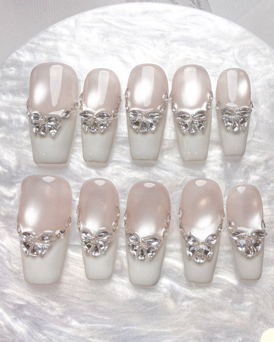 Medium Coffin Handmade Milky White Cat Eye Press-On Nails | Luxury Diamond Jewel French Tip Reusable Fake Nails