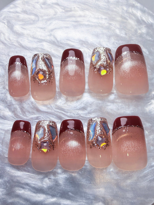 Handmade Burgundy French Cat Eye Press-On Nails | Luxury Jewel Accented Reusable Fake Nails