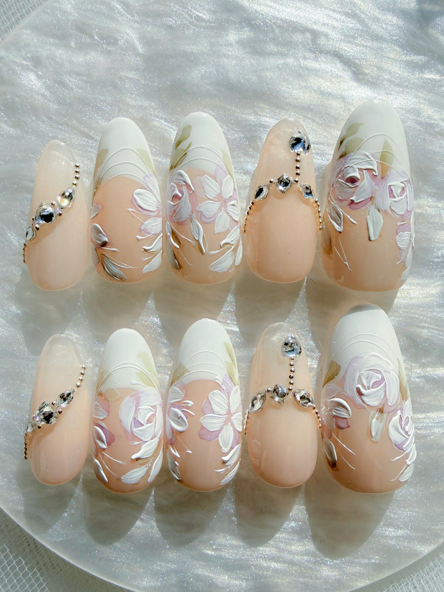 Medium Almond Floral Diamond Press-On Nails – Ivory Bloom