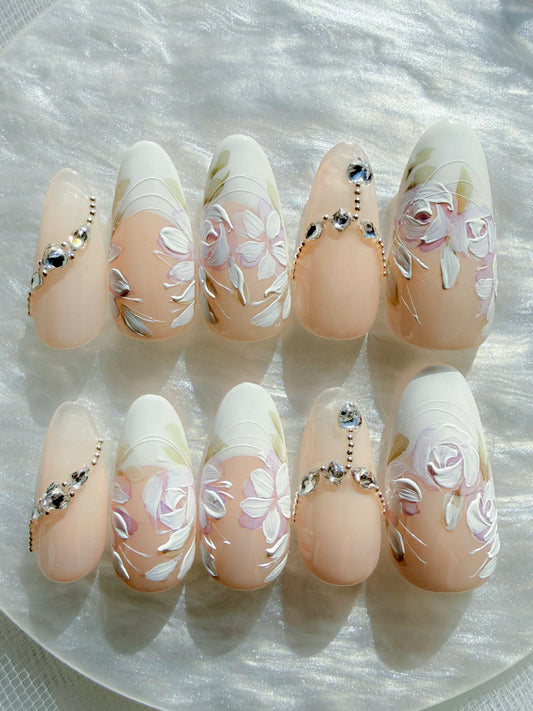 Medium Almond Floral Diamond Press-On Nails – Ivory Bloom