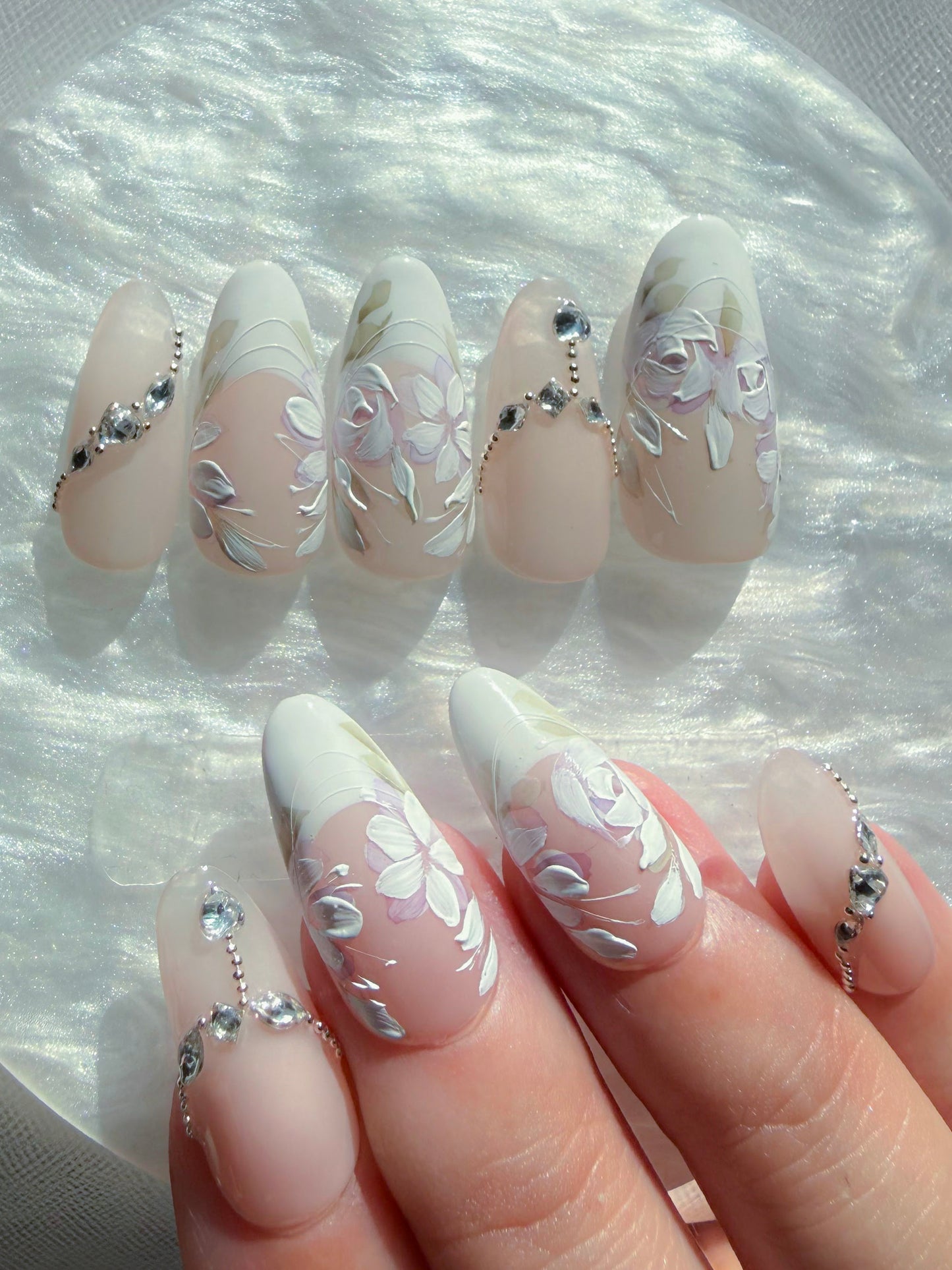 Medium Almond Floral Diamond Press-On Nails – Ivory Bloom