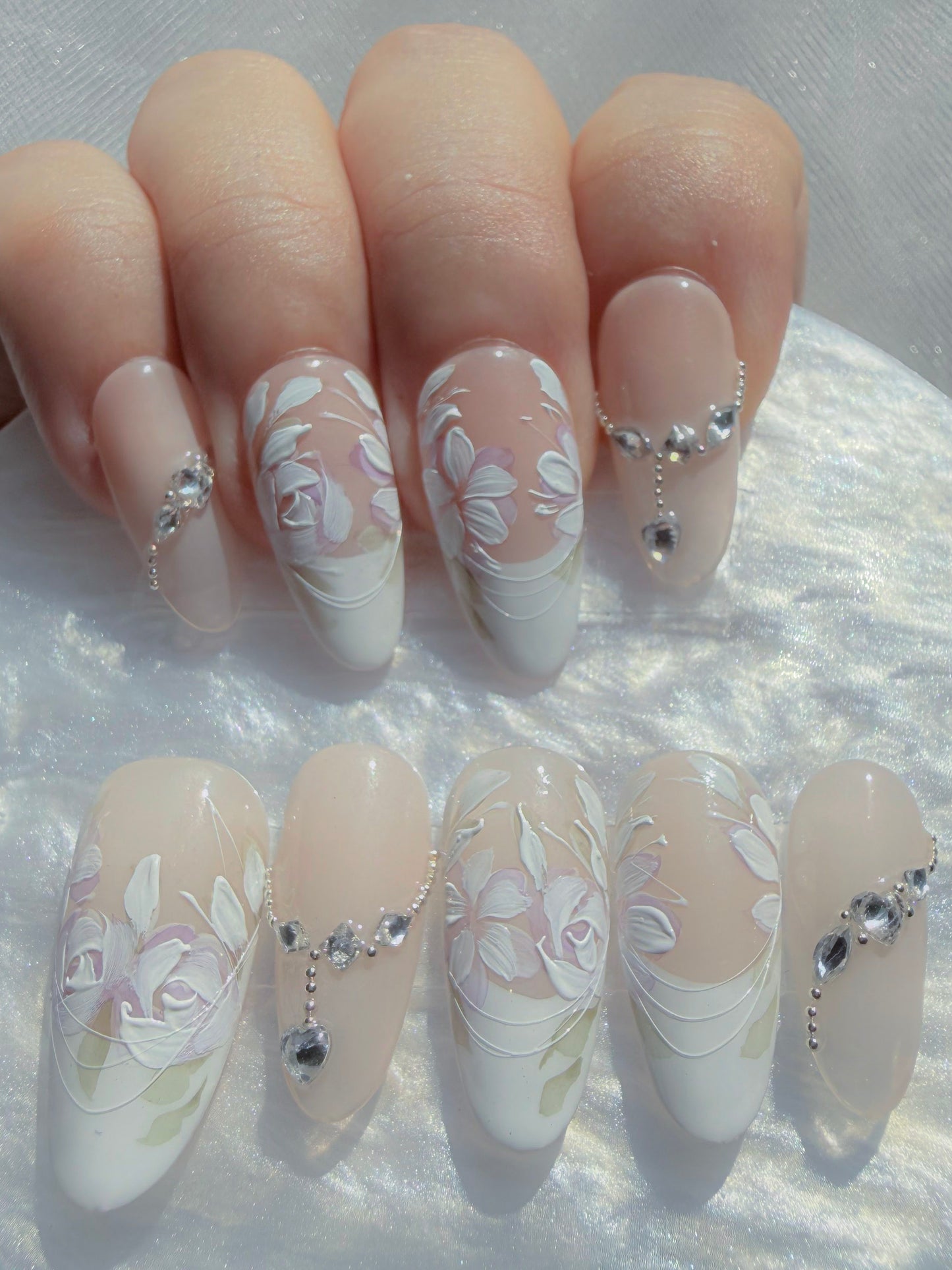 Medium Almond Floral Diamond Press-On Nails – Ivory Bloom