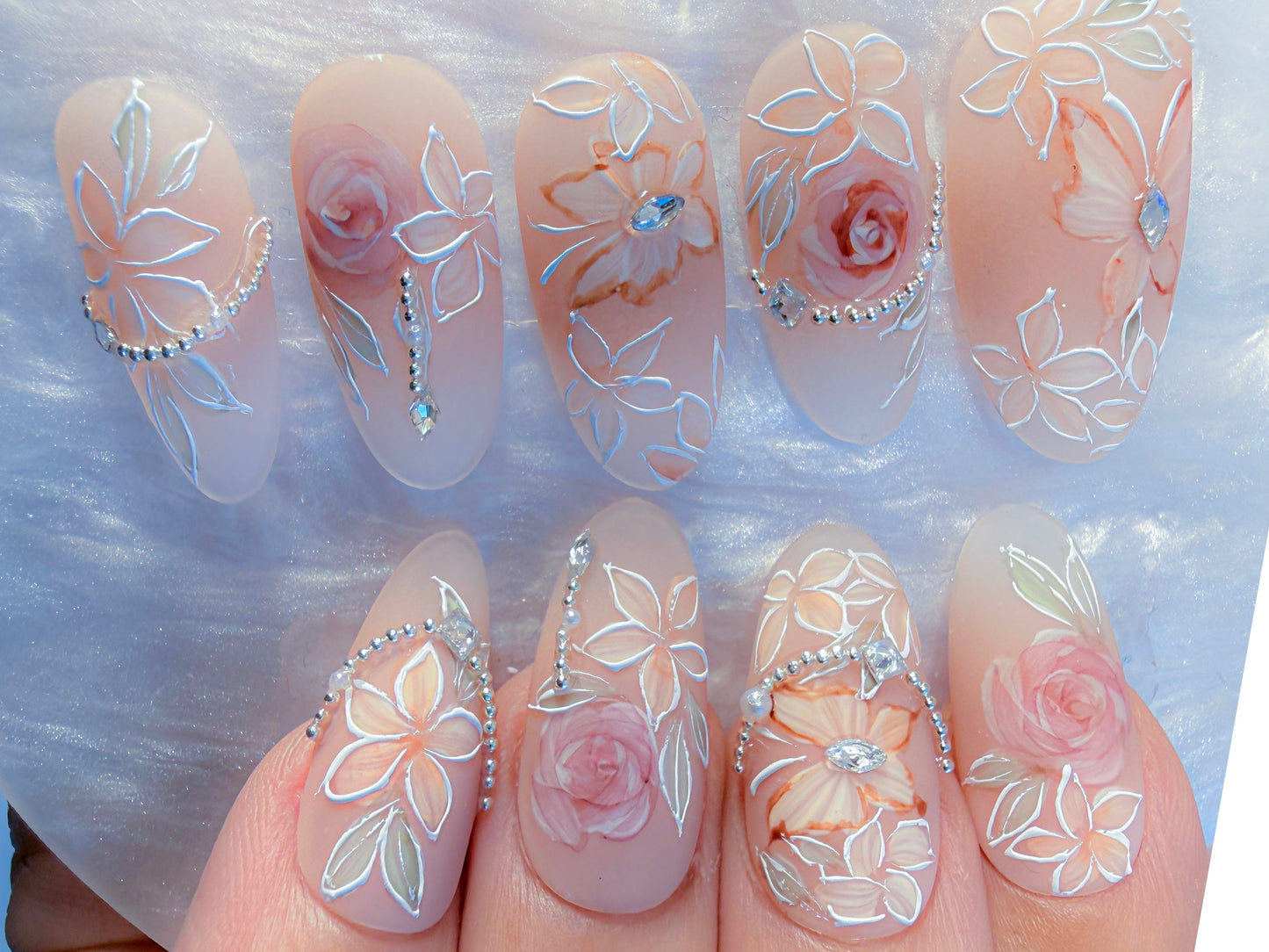 Medium Almond Floral Press-On Nails – Heirloom Rose