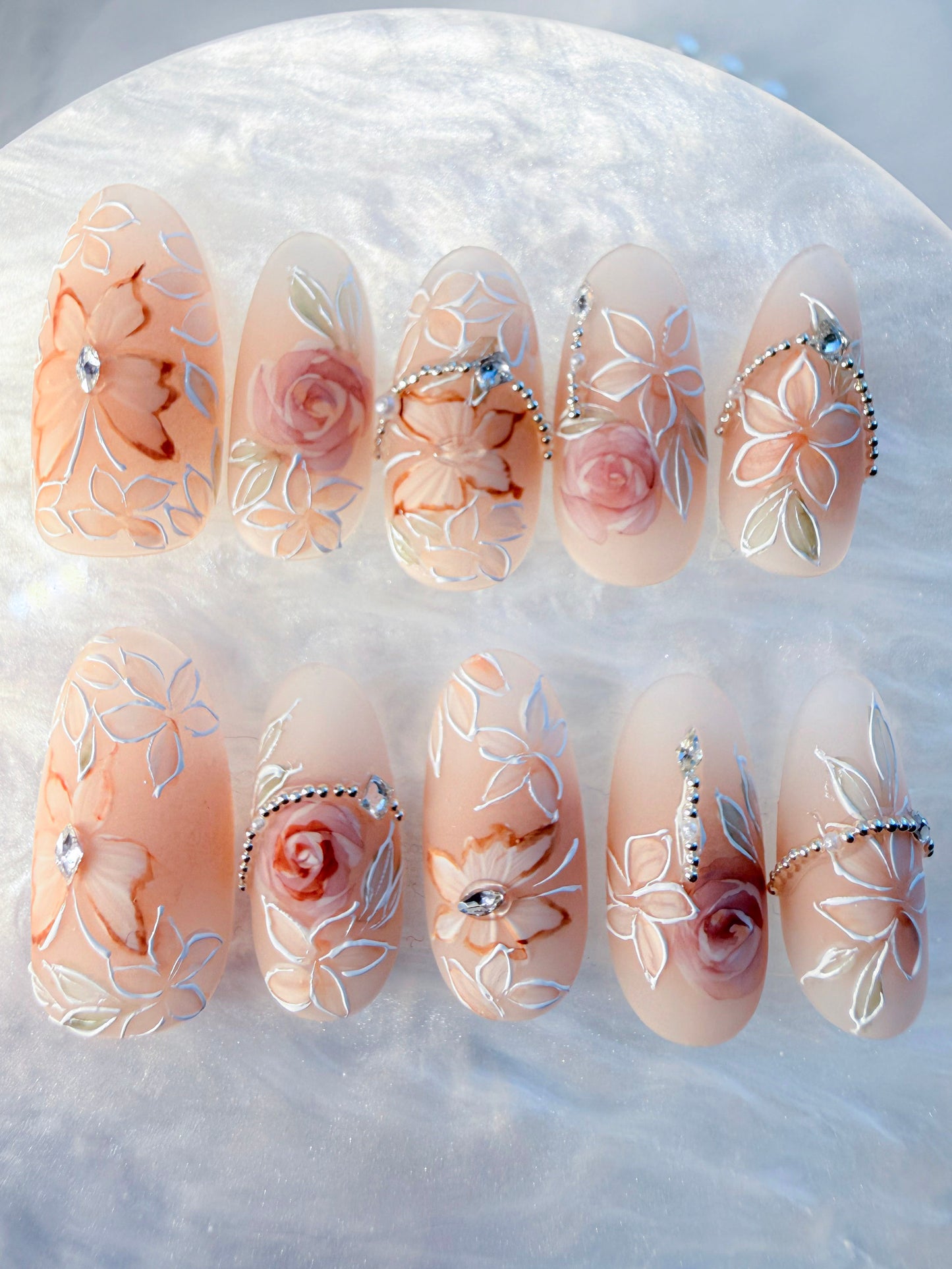 Medium Almond Floral Press-On Nails – Heirloom Rose