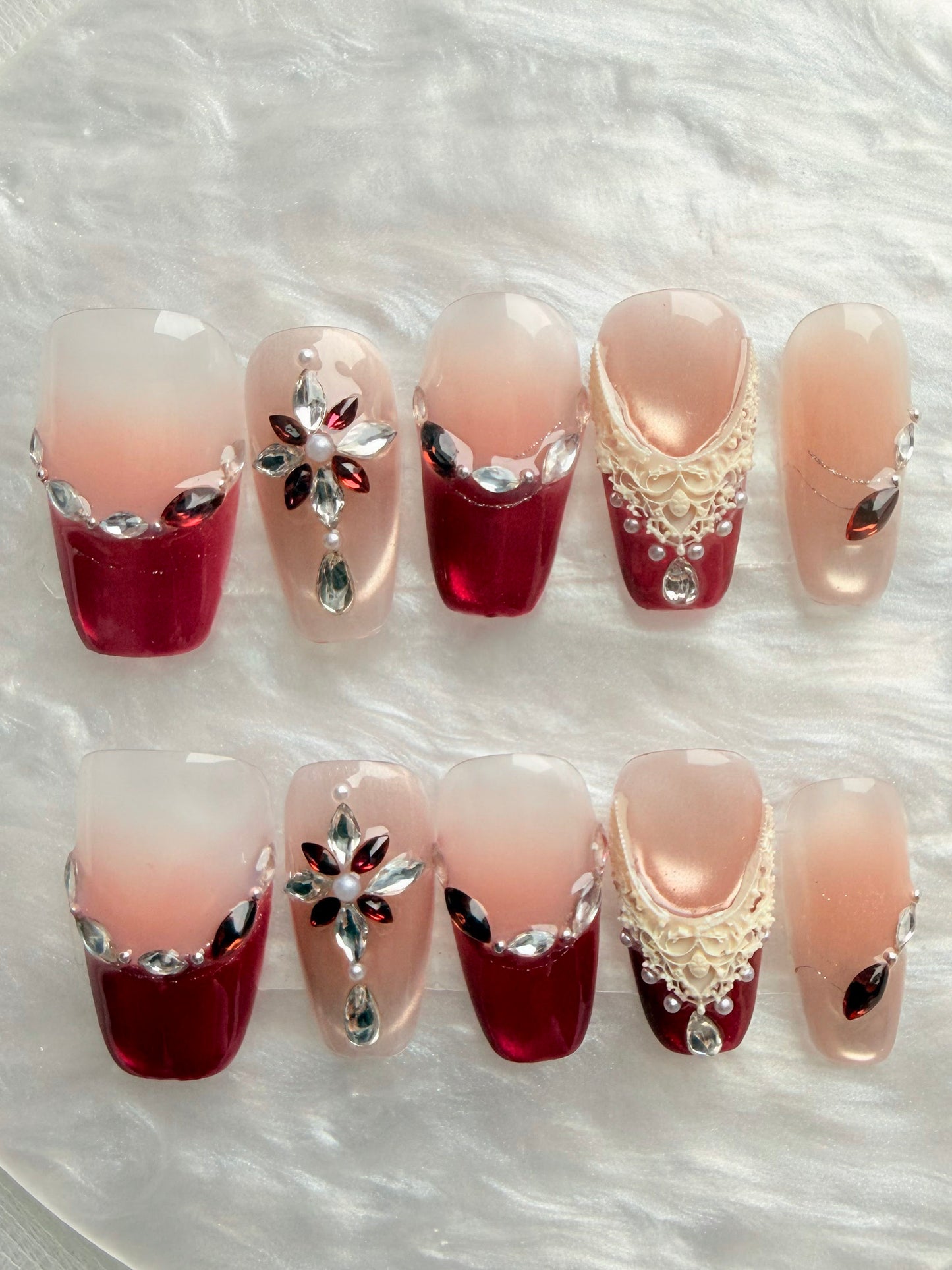 Square Red French Press-On Nails – Crimson Lace