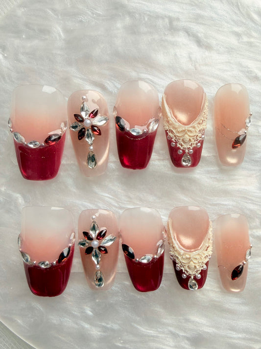 Square Red French Press-On Nails – Crimson Lace