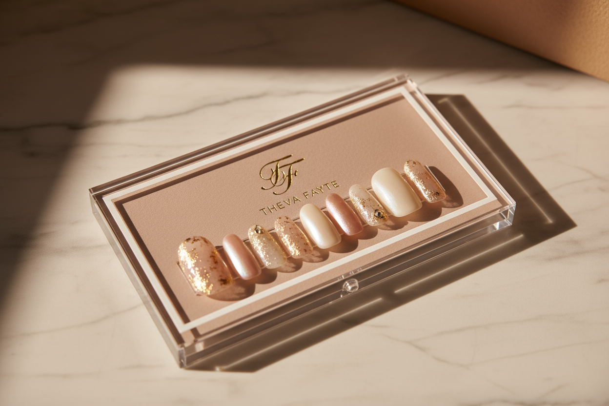 A luxury flat lay of premium press-on nails by Theva Fayte, displayed on a soft nude beige card inside a clear acrylic box with white borders, embossed gold logo on card, cinematic lighting, high-end packaging, elegant shadow play, product photography for a luxury beauty brand