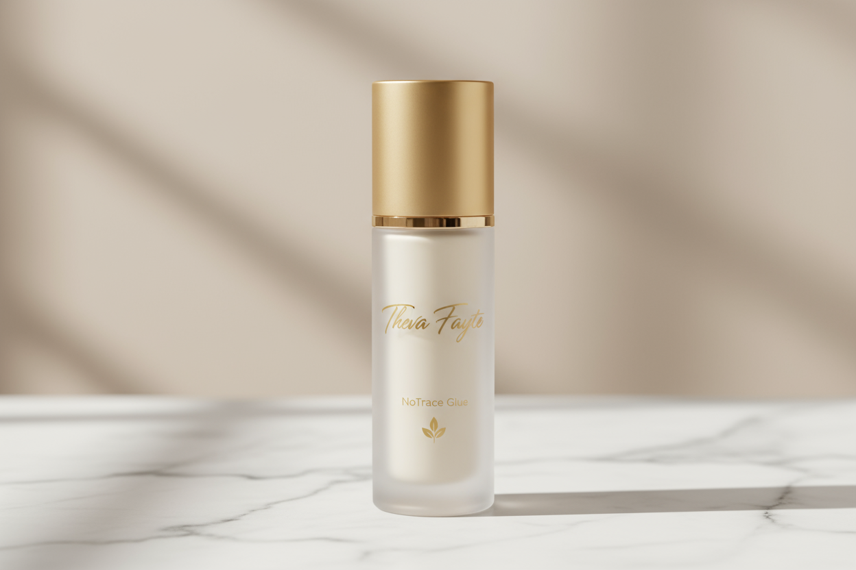 Theva Fayte NoTrace Glue bottle standing upright on a white marble surface, elegant minimalist design, soft beige background, gold accent typography, cinematic lighting, photographed for a luxury beauty brand.