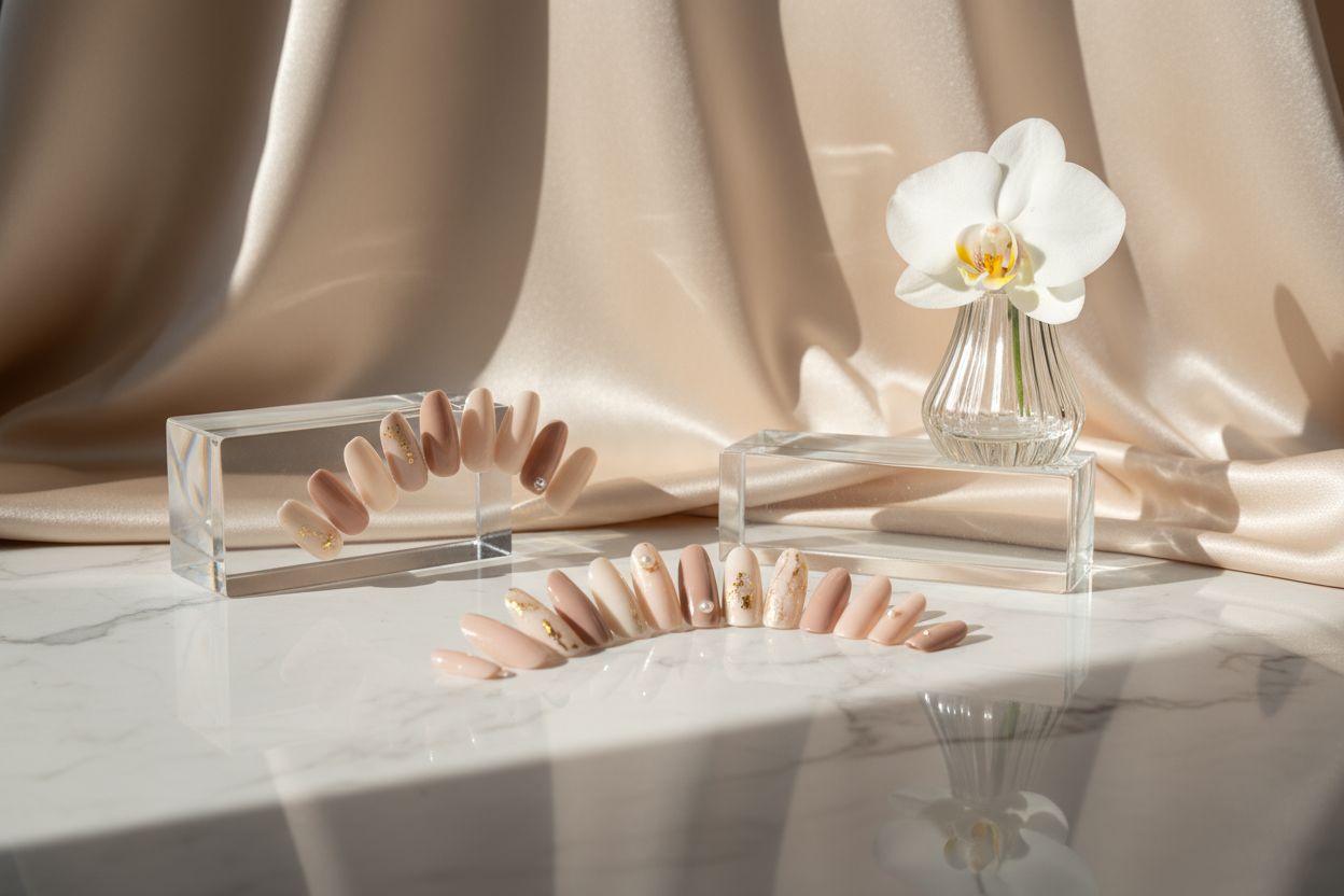 Theva Fayte press-on nails styled on a marble table with silk fabric background, sunlight glow, glass reflection, minimalist high-end beauty photography, inspired by French quiet luxury.